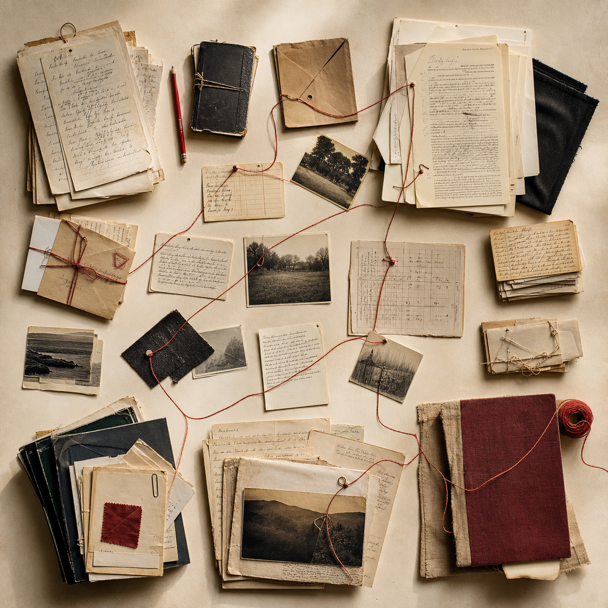 Manuscripts, notebooks, correspondence, and photographs connected as an archival constellation